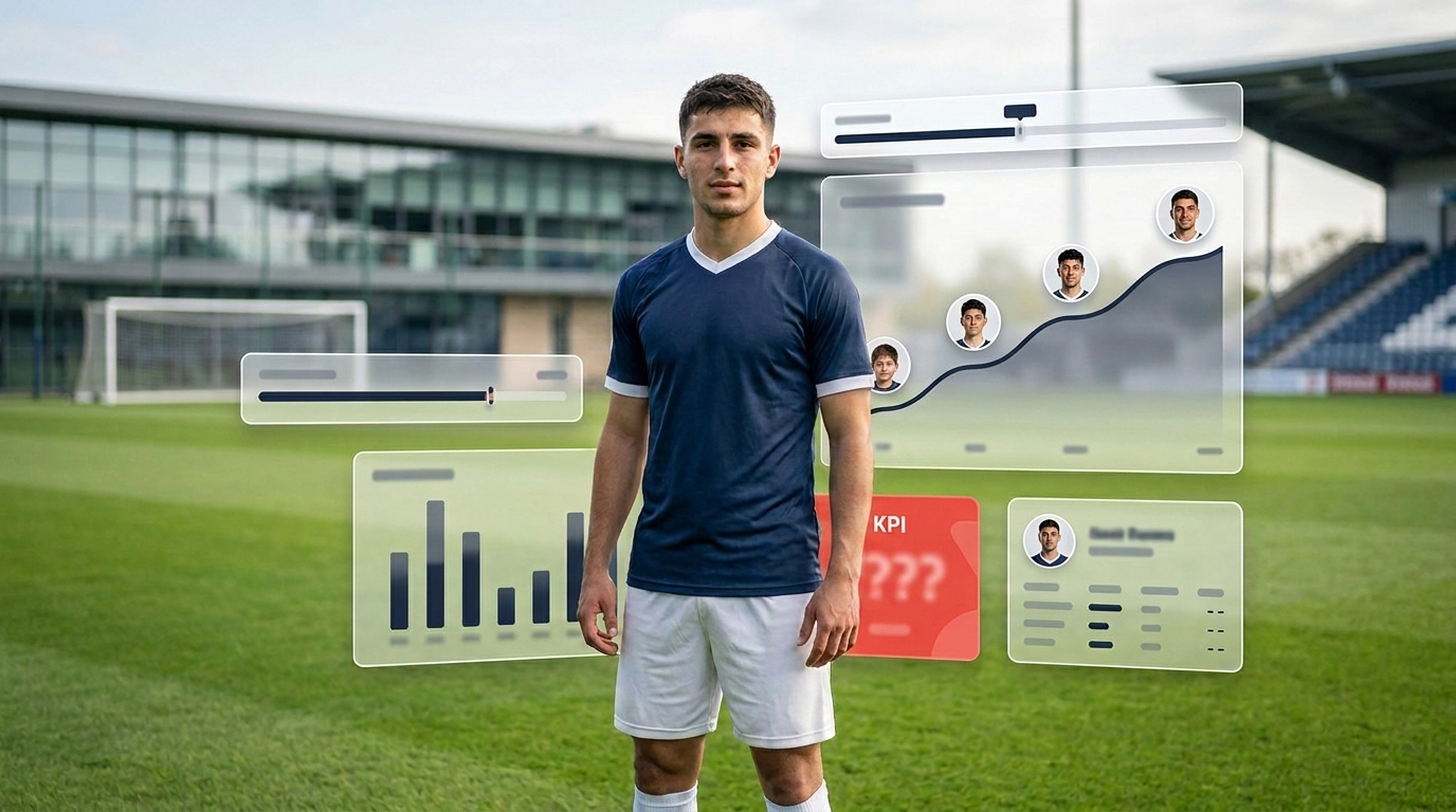 Futbolista profesional en el césped rodeado de dashboards con la curva de evolución de su rendimiento desde la cantera