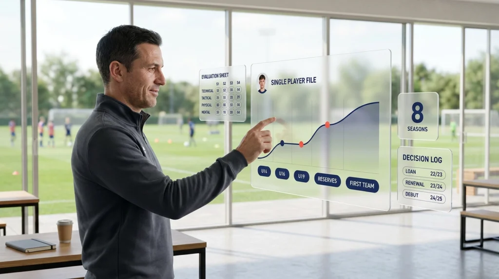 Director de cantera revisando la trazabilidad del jugador en un expediente holográfico de varias temporadas con el campo de entrenamiento al fondo