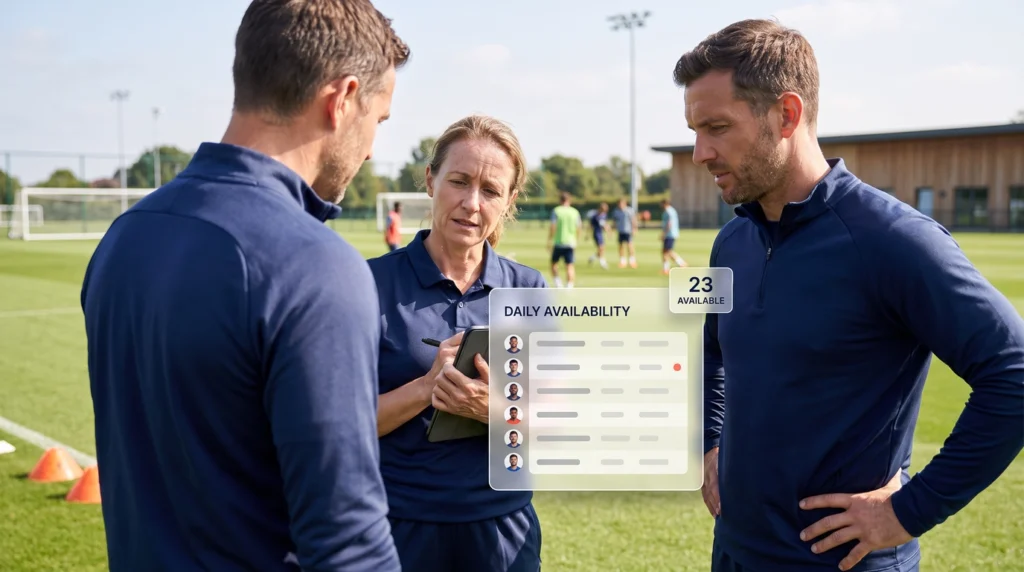 Cuerpo técnico, servicios médicos y dirección deportiva reunidos a pie de campo alrededor de un parte de disponibilidad compartido durante un entrenamiento
