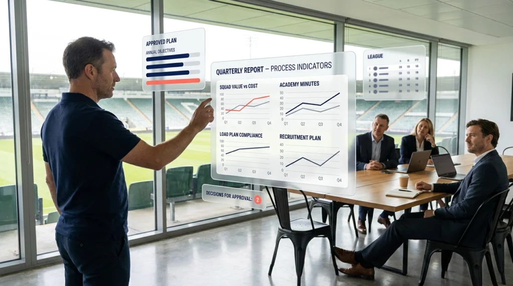 Director deportivo presentando a la junta directiva el informe trimestral del proyecto deportivo con sus indicadores de proceso